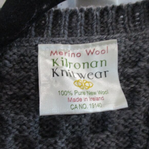 Women's Irish Kilronan Cable Knit gray Wool Cardigan 3/4 Sleeves Warm XXL - Picture 3 of 3